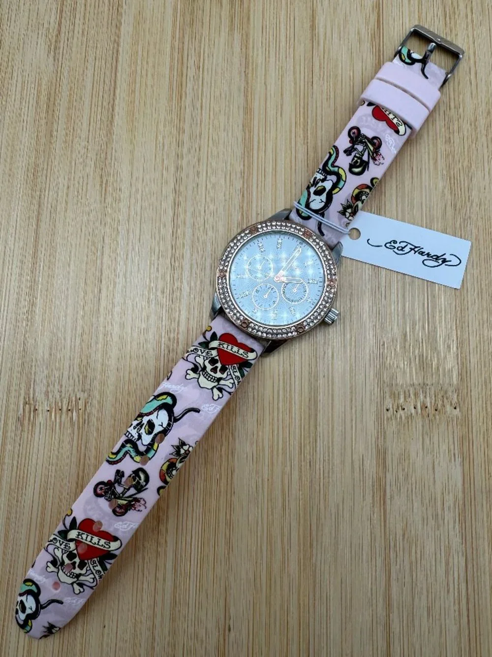 ED HARDY Ladies Light Silver Dial/Matte Pink Artwork Silicone Strap Analog Watch